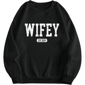 ⚡Women Black Wifey Imported Graphic Crewneck Long Sleeve Pullover Sweatshirt